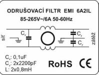 EURO IEC C14 6A2IL přístrojová vidlice napájecí konektor panelový 6A/250VAC, 50-60Hz+odrušovací filtr