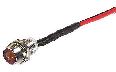 Kontrolka s LED diodou 12V DC červená kovová do panelu, montážní otvor @8mm, vývody kabelem 20cm