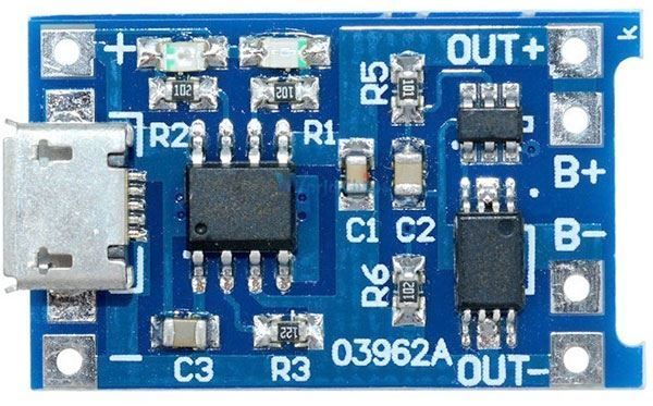 Nabíječka Li-Ion článku 1A s ochranou, modul s IO TP4056 (micro USB)