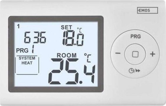 Pokojový drátový programovatelný termostat EMOS P5607 digitální, dosah až 80 m v otevřeném prostoru, teplotní rozsah 5 až 35 °C (v krocích po 0,5 °C)