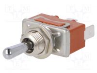 Přepínač páčkový 3pol./3pin spínač ON-OFF-(ON) s aretací ve střední a jedné krajní poloze 15A/250VAC, 15A/30VDC 1x přepínací kontakt. pájecí kontakty