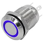 Tlačítko-vypínač OFF-ON s aretací, 250V/2A, modré prosvětlení LED 12Vss, antivandal, do otvoru @12mm, krytí IP44