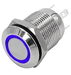 Tlačítko-vypínač OFF-ON s aretací, 250V/2A, modré prosvětlení LED 12Vss, antivandal, do otvoru @12mm, krytí IP44