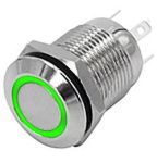 Tlačítko-vypínač OFF-ON s aretací, 250V/2A, zelené prosvětlení LED 12Vss, antivandal, do otvoru @12mm, krytí IP44