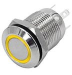 Tlačítko-vypínač OFF-ON s aretací, 250V/2A, žluté prosvětlení LED 12Vss, antivandal, do otvoru @12mm, krytí IP44