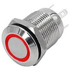 Tlačítko-vypínač OFF-ON s aretací, 250V/2A, červené prosvětlení LED 12Vss, antivandal, do otvoru @12mm, krytí IP44