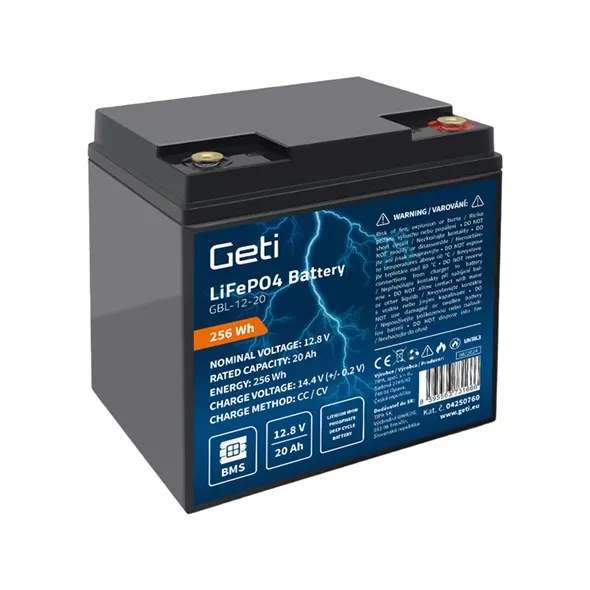 Baterie Lithiová LiFePO4 12,8V 20Ah GETI GBL-12-20 akumulátor BMS, rozměry (DxŠxV): 165,5 × 125,6 ×175,5 mm