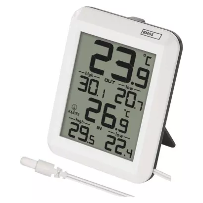 Digitální teploměr EMOS E0422, Zaznamenává vnitřní a venkovní teplotu, min. a max. teplotu. Sonda má délku 0,9 m.