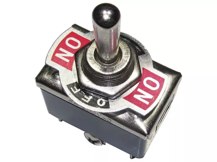 Přepínač páčkový 3pol./6pin (ON)-OFF-(ON) JS511G 250V/10A, aretace na středu, v krajních polohách bez aretace (impuls), změna směru, 2x přepínací kontakt. Vývody: na šroubky