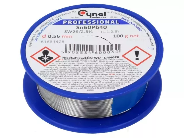 Cínová trubičková pájka s tavidlem SW26 Sn60%Pb40%-0,56, průměr @0,56mm, váha 100g, měkká pájka s tavidlem-přísadou, trubičkový, pro SMD, olovnatý, Teplota tání 190°C
