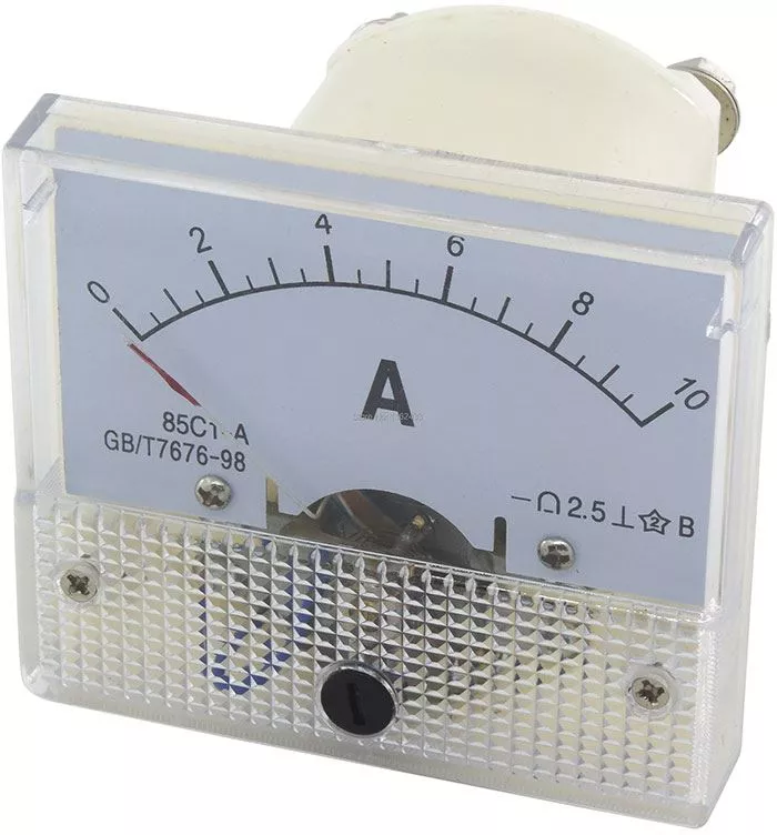 Panelové analogové (ručkové) měřidlo proudu 10A DC-stejnosměrné, přesnost 2,5%, včetně bočníku, 64x56mm