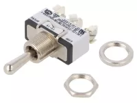 Přepínač páčkový 3pol./3pin spínač ON-OFF-(ON) s aretací ve střední a jedné krajní poloze 10A/250VAC, 5A/25VDC 1x přepínací kontakt., šroubové svorky, z polohy (ON) se vrací do střední