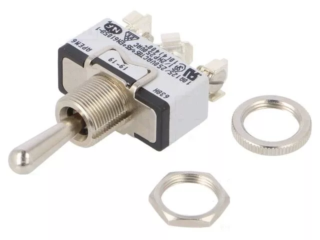 Přepínač páčkový 3pol./3pin spínač ON-OFF-(ON) s aretací ve střední a jedné krajní poloze 10A/250VAC, 5A/25VDC 1x přepínací kontakt., šroubové svorky, z polohy (ON) se vrací do střední