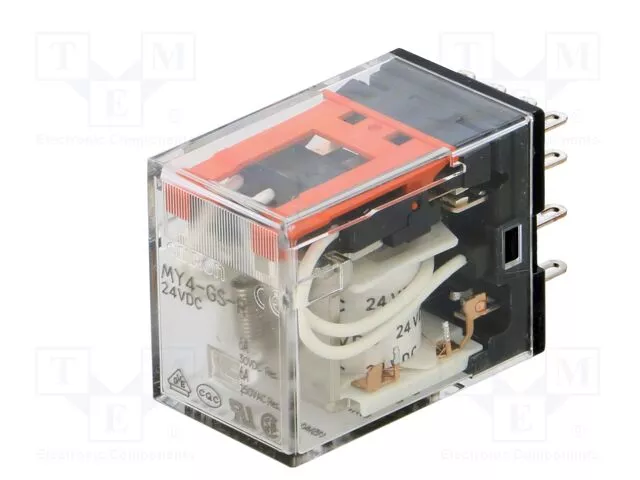 RELÉ MY4-GS-R-24DC, 4x přepínací kontakt 6A/250VAC, s cívkou 24VDC. Montáž: patice OMRON