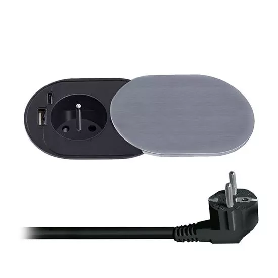 Zásuvka 1x 230V AC výsuvný blok zásuvek, SOLIGHT 1z + USB A+C 20W PD vestavná zásuvka s posuvným víčkem, 2m, stříbrná, stříbrný, design, blok do kuchyně apod.