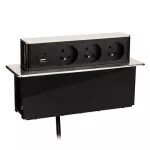 Zásuvka 3x 230V AC vícenásobná, Výsuvný blok SOLIGHT 3z + USB A+C 20W PD výsuvný blok zásuvek, 2m, nerez ocel, pro pracovní desky a stoly