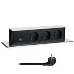 Zásuvka 3x 230V AC vícenásobná, Výsuvný blok SOLIGHT 3z + USB A+C 20W PD výsuvný blok zásuvek, 2m, nerez ocel, pro pracovní desky a stoly