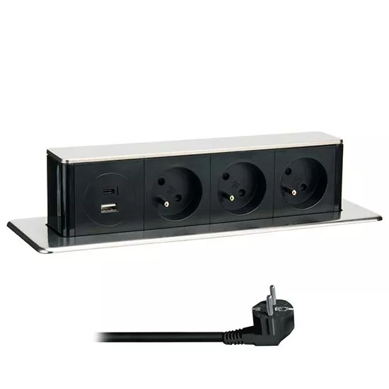 Zásuvka 3x 230V AC vícenásobná, Výsuvný blok SOLIGHT 3z + USB A+C 20W PD výsuvný blok zásuvek, 2m, nerez ocel, pro pracovní desky a stoly