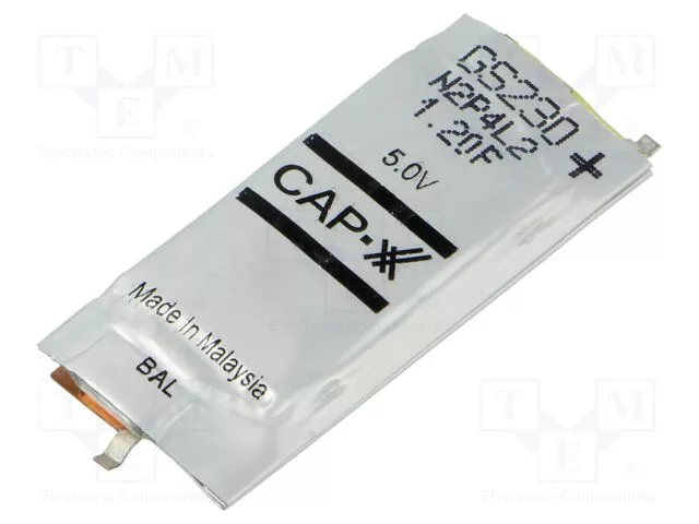 Back-up (zálohovací) memory elektrolytický kondenzátor GS230F 1,2F/5,5VDC (39x17x3,9mm) superkondenzátor SMD. Max. impulsní proud 30A