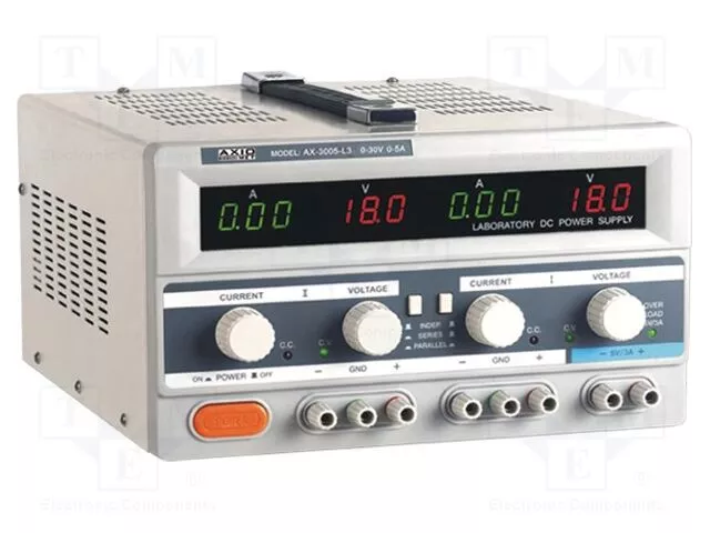 Laboratorní zdroj stolní AX-3005L-3 plynule regulovatelný 2×0–30V/2×0–5A + 1x5V/3A LED displej AXIOMET