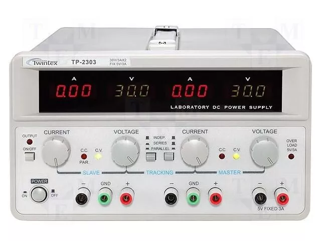 Laboratorní zdroj stolní TP-2305D-3 plynule regulovatelný 2×0–30V/2×0–5A+ 1x5V/3A LED displej TWINTEX