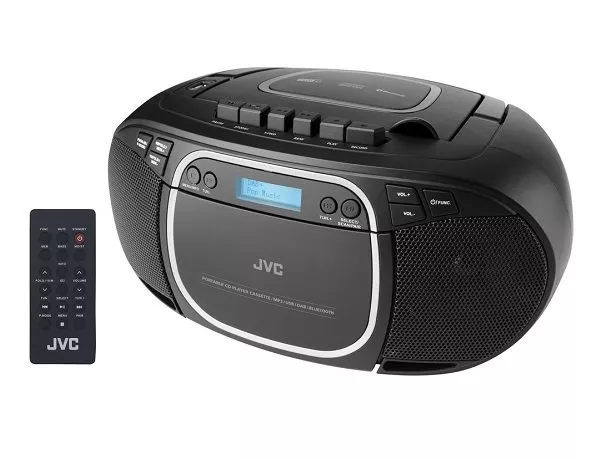 Radiomagnetofon JVC RC-561B, radio FM, DAB+ s CD mechanikou MP3 a kazetou, Kazetové nahrávání z libovolného zdroje (Bluetooth 5.0, USB, CD, AUX OUT) sluchátkový výstup. Dálkové ovládání.