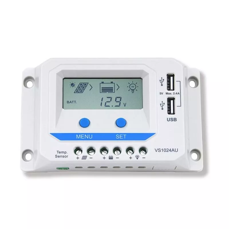 Solární regulátor nabíjení 10A EPever VS1024AU 12/24V pro inteligentní řízení dobíjení, ochrana přebitím, vybitím, před zkratem, vst, max. 50V, 2xUSB