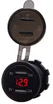 USB konektor 2xUSB A zásuvka do panelu, 2x5V/2,1A, napájení z 12V, s krytkou, gumová, odolná s voltmetrem