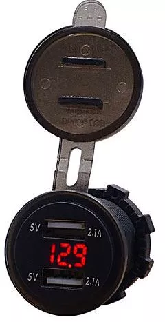 USB konektor 2xUSB A zásuvka do panelu, 2x5V/2,1A, napájení z 12V, s krytkou, gumová, odolná s voltmetrem